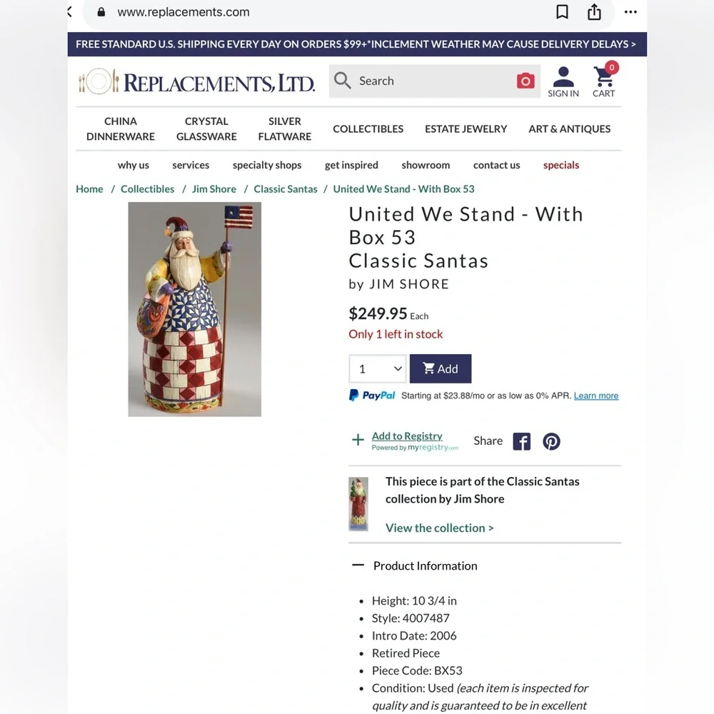 Jim Shore United We Stand Patriotic Santa Jim Shore Figure Limited July 4th 2006